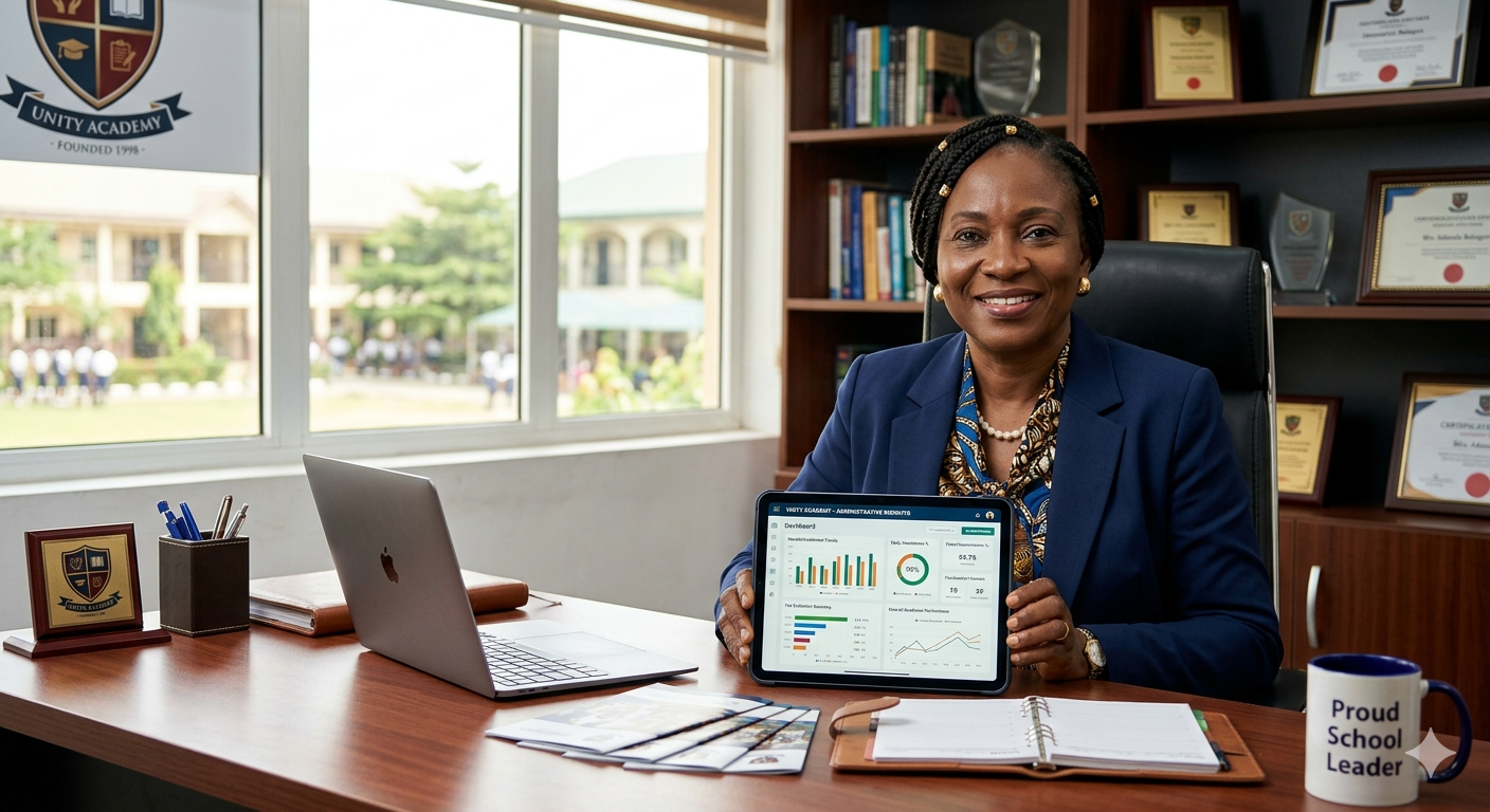 School principal reviewing MySchoolIQ dashboard